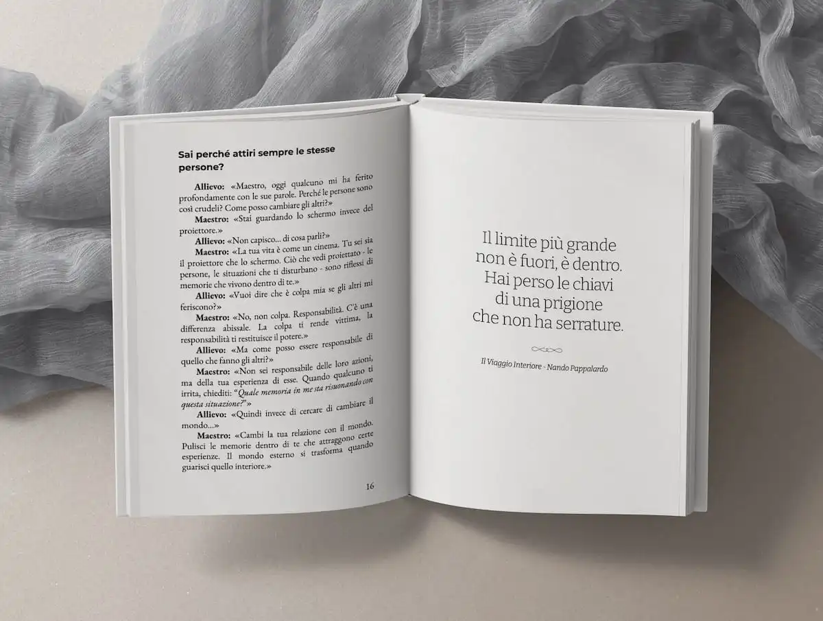 Libro aperto con estratto di dialogo da Il Viaggio Interiore, volume I.